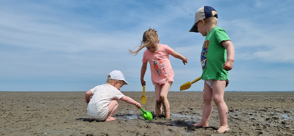 Kinder spielen mit Schaufeln in der Hand im Watt bei Sonnenschein
