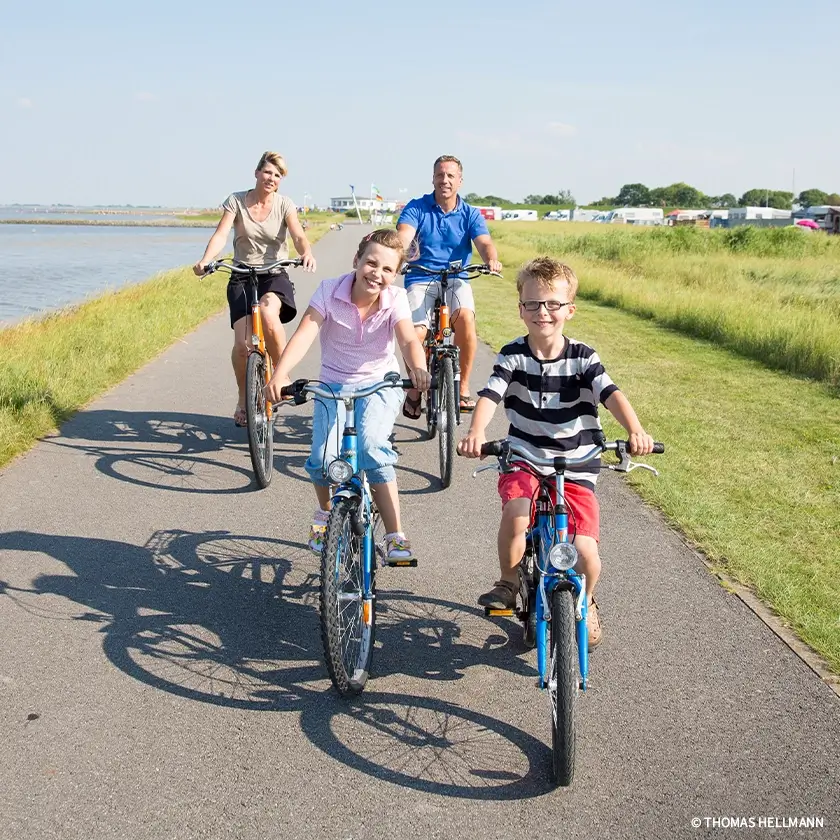 Kinder mit Eltern beim Radfahren auf dem Deich