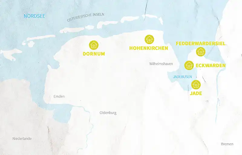 Karte Nordsee und Standorte der Ferienhäuser
