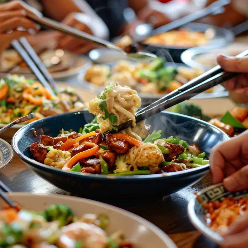 Asiatisches Essen auf dem Tisch, Menschen an dem Tisch, die mit Stäbchen essen