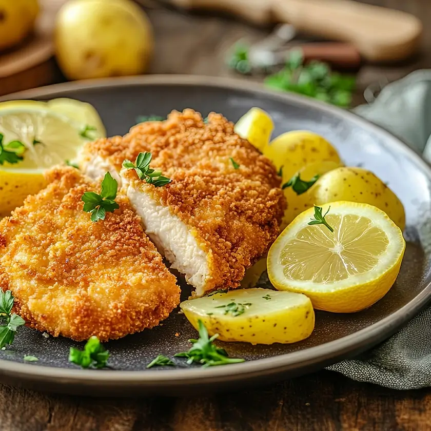 Schnitzel mit Zitrone und Kartoffeln auf einem dunklen Teller