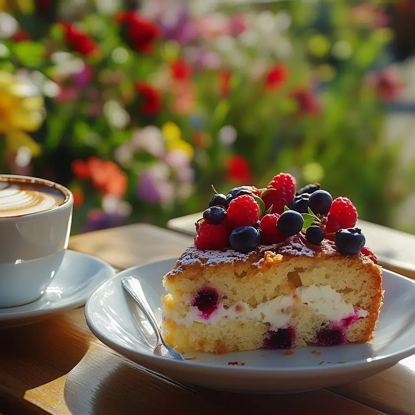 Kuchentrote mit frischen Beeren und Tasse Kaffee vor Blumen