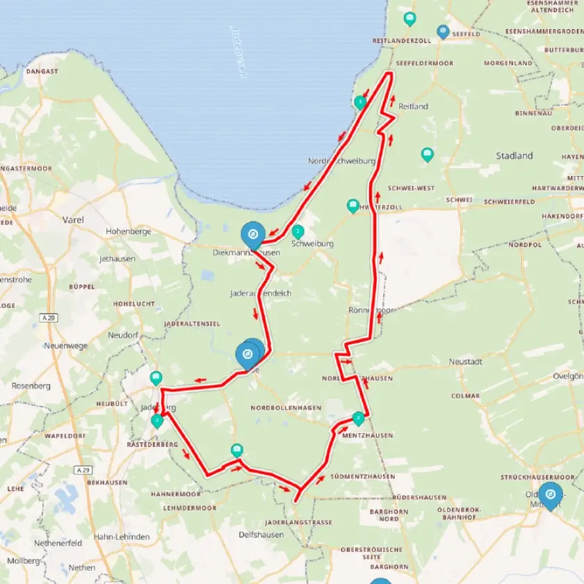 Skizze Radtour am Jadebusen, z. T. an der Küste